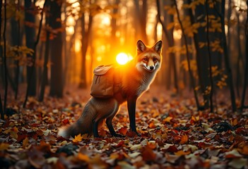 Fototapeta premium Young fox with a backpack walking along a path in a serene autumn forest, generative ai