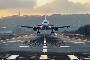 A Jet Landing at Dusk: Capturing the Moment of Arrival on the Runway
