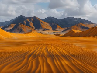 A breathtaking view of expansive orange sand dunes under a cloudy sky, capturing the serene beauty of a desert landscape with distant mountains in the background.