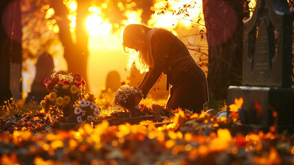 A woman placing flowers on a loved one's grave during All Saints' Day, surrounded by autumn leaves and a warm golden sunset