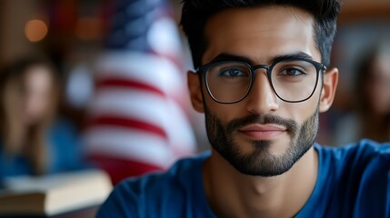 Obraz premium A young man with a beard and glasses looks confidently at the camera.