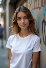 Girl Wearing White Blank T-Shirt Mockup