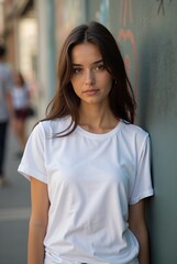 Girl Wearing White Blank T-Shirt Mockup