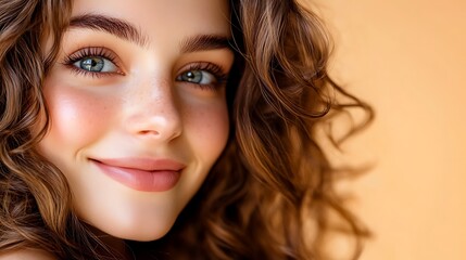Fototapeta premium Close-up portrait of a young woman with long, curly brown hair, smiling at the camera. She has blue eyes and freckles.
