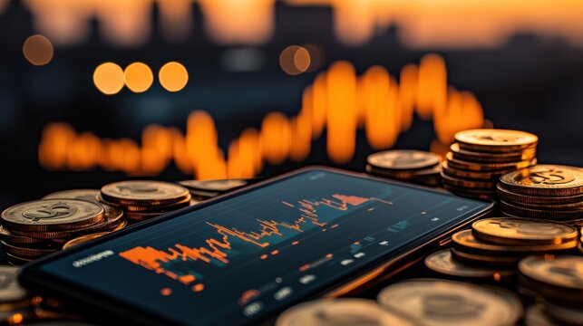 A digital tablet displays stock market graphs with coins stacked beside it, set against a cityscape backdrop with evening lights