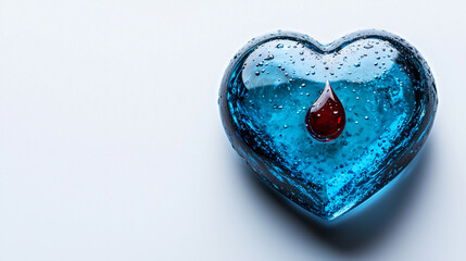 Blue heart with a drop of blood for Diabetes Awareness Month, November 14, World Diabetes Day, Blue November, Diabetes Awareness Day, White banner with copy space