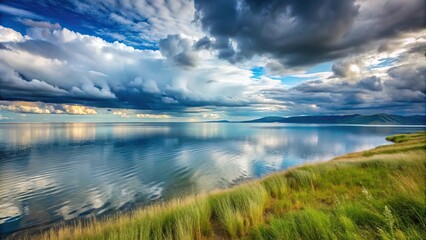 Obraz premium Scenic view of Baikal lake with clouds reflection and grass in foreground