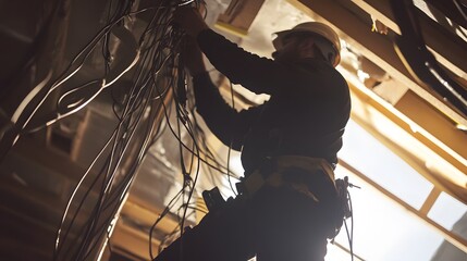 An electrician installing wiring in a new building