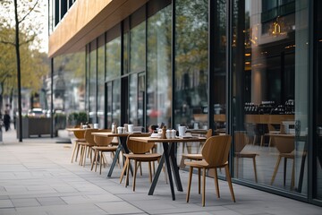 Fototapeta premium Neatly set cafe with large glass windows