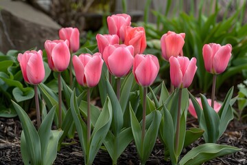 Fototapeta premium Vibrant Pink Tulips Blooming in a Lush Garden Setting