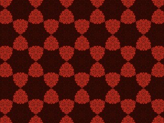 a repeating pattern of red, intricate floral designs on a dark red background