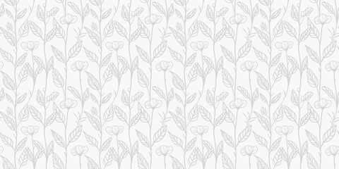 Subtle vector seamless floral pattern. Simple botanical ornament in doodle style. Light gray and white background with outline flowers, leaves, branches, buds. Delicate minimal texture. Repeat design