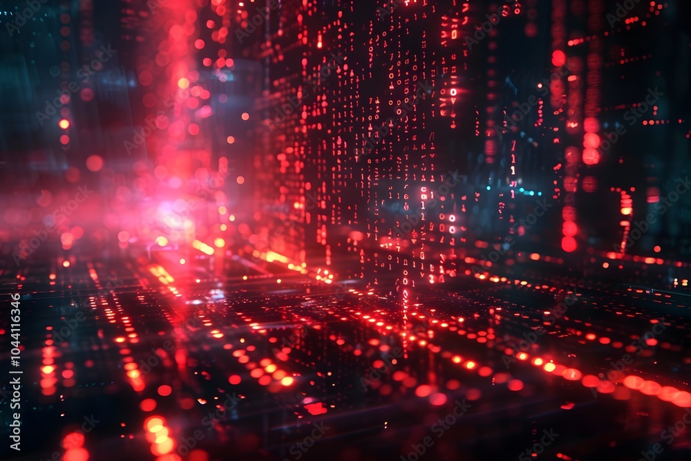 Poster futuristic digital landscape with glowing red binary code