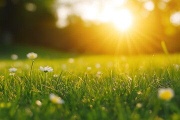 Obraz premium Bright morning sunlight casts warmth over dewy grass, highlighting daisies, symbolizing freshness and new beginnings.