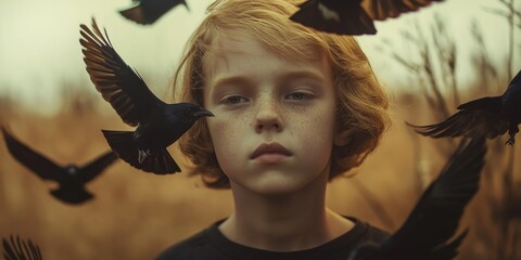 A solemn young boy stands surrounded by flying birds in a golden field.