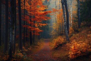 Fototapeta premium Autumn forest with warm colors and a narrow path