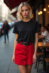 Girl Wearing Black Blank T-Shirt Mockup