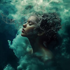 A serene underwater portrait captures floating elegance and profound tranquility, symbolizing inner peace and reflection.