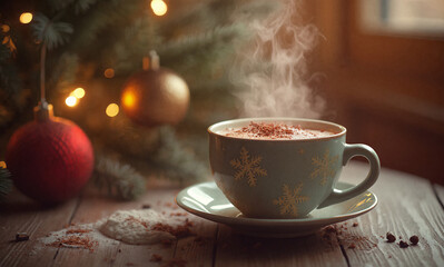 Obraz premium Steaming coffee cup with holiday decorations in warm ambient lighting