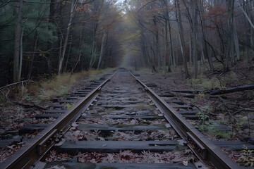 Fototapeta premium Tranquil Autumn Scene Along Abandoned Train Tracks in a Misty Forest