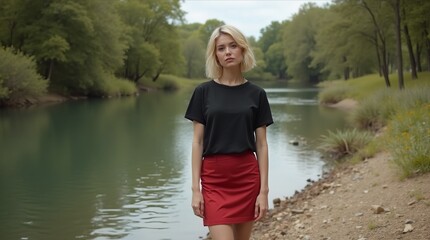 Girl Wearing Black Blank T-Shirt Mockup
