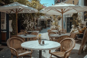 Obraz premium Street cafe with woven chairs and marble tables