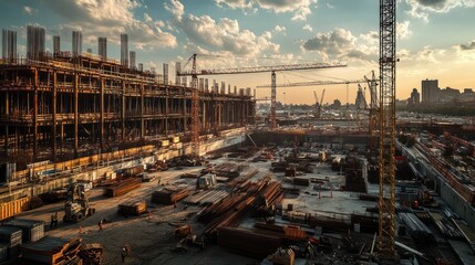 Construction site with cranes and building materials under a dramatic sky.