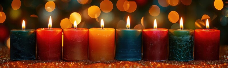 Candles are lined up in a row with brightly colored candles, banner