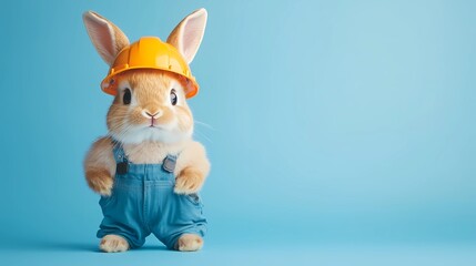 Fototapeta premium Anthropomorphic animals in construction gear, collaborating on a project with helmets and vests, ideal for stock visuals focused on teamwork and building.