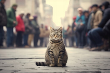 Banner features cat sitting center city crowd urban environment artistic scene with muted colors