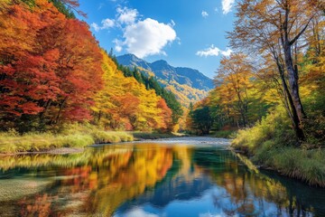 Fototapeta premium Autumn landscape with river and colorful forest