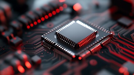 Obraz premium Close-up of a black CPU chip on a circuit board with red lights.