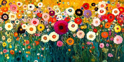 Vibrant field of flowers in full bloom. A beautiful array of colorful blossoms in various shapes and sizes. Captured in a lively and cheerful style. Ideal for nature lovers. AI