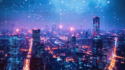 Fototapeta premium A futuristic cityscape illuminated by colorful lights and digital connections.