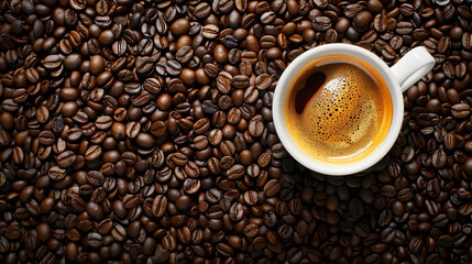 Fototapeta premium A white coffee cup with a brown liquid in it sits on top of a pile of coffee bea