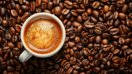 Fototapeta premium A white coffee cup with a brown liquid in it sits on top of a pile of coffee bea