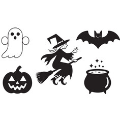 A set of black and white Halloween icons, including a ghost, a pumpkin, a witch on a broomstick, a bat, and a cauldron, all isolated on a white background.