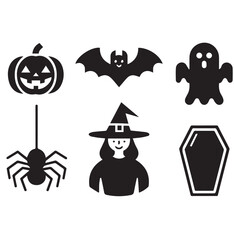 Set of Black and White Halloween Icons - Pumpkin, Bat, Ghost, Witch, Coffin, and Spider