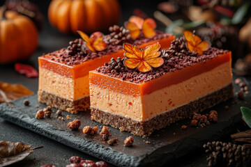 Pumpkin-flavored cheesecakes and cakes are sweet autumn indulgences. Concept of seasonal desserts.