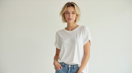 Girl Wearing White Blank T-Shirt Mockup