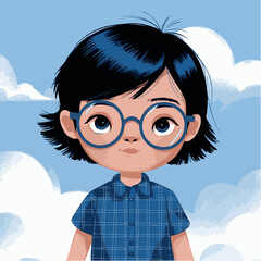 Illustration d'un jeune garçon avec des lunettes bleu foncé et une chemise vichy bleue


