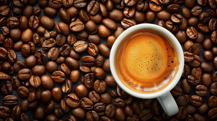 Fototapeta premium A white coffee cup with a brown liquid in it sits on top of a pile of coffee bea