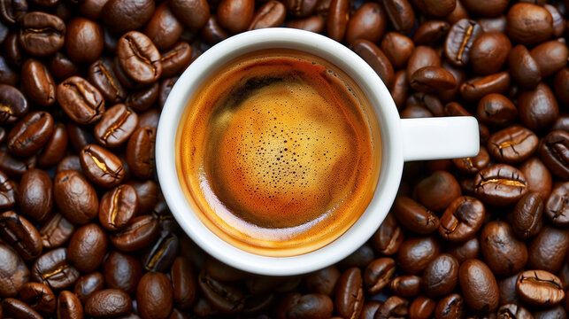 A white coffee cup with a brown liquid in it sits on top of a pile of coffee bea