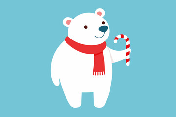 A polar bear wearing a scarf and holding a candy cane.silhouette vector illustration.