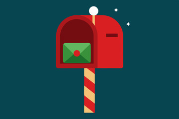 Mailbox with wish list letters from children for Santa Claus. Classic Christmas red post box on a stick, envelopes, winter snowy landscape. flat vector illustration