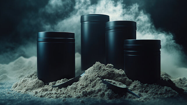Dark Minimalistic Protein Supplement Containers with White Powder