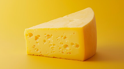 A piece of cheese, realistic. Yellow background