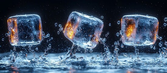 Three clear ice cubes create dynamic splashes as they fall into shimmering water, illuminated with warm tones to enhance the refreshing and cool atmosphere.