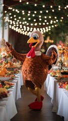 Festive Thanksgiving Turkey Mascot Ready for Dinner at Holiday Feast Table