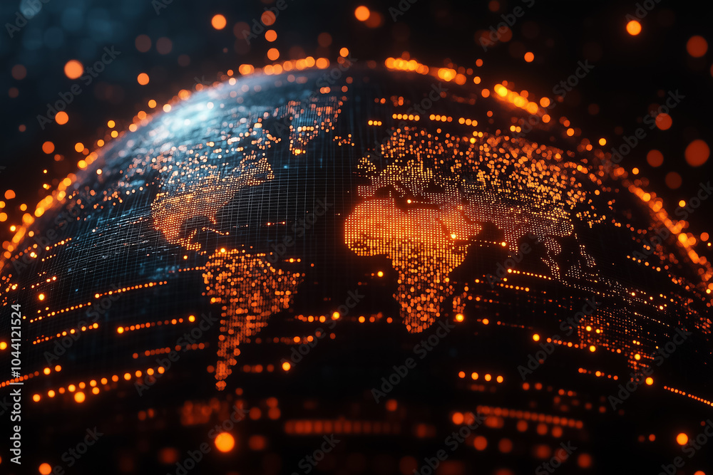 Poster the globe displays illuminated lines connecting various regions, highlighting global interactions an